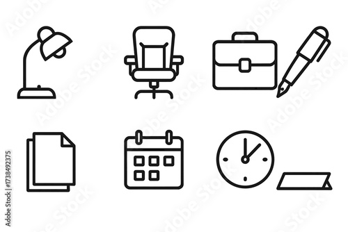 Office Icon Set. Outline icon set of formal office items: desk lamp, leather chair, briefcase, fountain pen, paper stack, calendar, clock, nameplate. Line