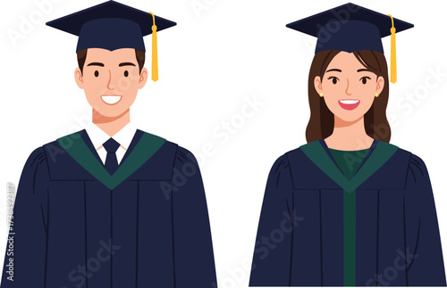Smiling Male and Female Graduates with Graduation Cap and Gown, College University Success, Achievement, Education and Academic Ceremony Portrait Vector

.