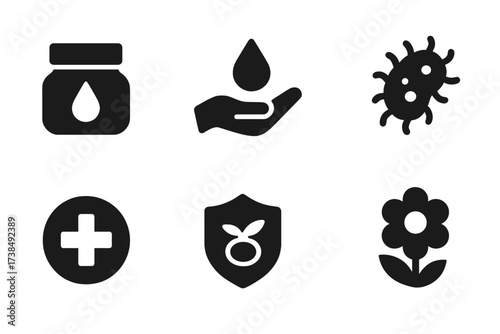 Health Benefit Icons. Solid, filled icon set of salve health benefits: moisturizing, soothing, anti-inflammatory, antibacterial, healing, protective,