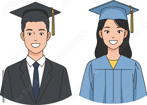 Smiling Male and Female Graduates with Graduation Cap and Gown, College University Success, Achievement, Education and Academic Ceremony Portrait Vector

.
