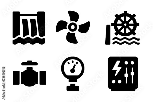 Hydropower Icons Grid. Solid, filled icon set of hydro power: dam, turbine, hydroelectric plant, waterwheel, pipeline valve, pressure gauge, energy bolt,