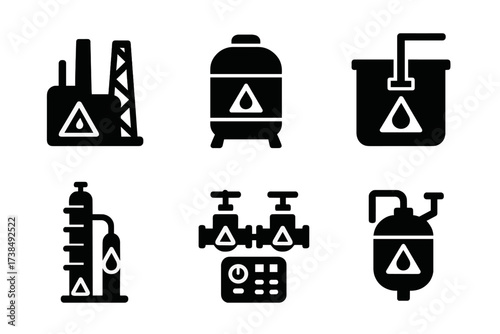Industrial Acid Icon Set. Solid, filled icon set of industrial acid use: chemical plant, storage tank, pipeline, mixing vat, distillation column, safety