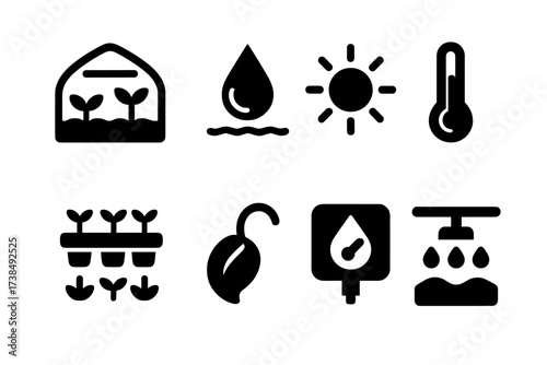 Seed Germination Icons. Solid, filled icon set of seed germination environment: greenhouse, soil moisture, sunlight, temperature gauge, seed tray, sprouting