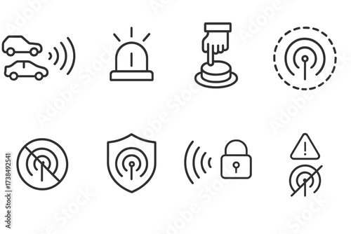 Radar Safety Icons. Outline icon set of radar safety features: collision avoidance, warning alarm, emergency stop, safety zone, restricted area, shielded