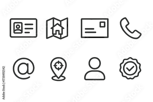 Security and Identity Icons. Outline icon set of receiver details: personal ID, delivery address, postal code, phone number, email address, GPS coordinates,