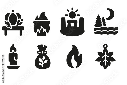 Seasonal Witch Rituals. Solid, filled icon set of seasonal witch rituals: harvest altar, bonfire cauldron, solstice circle, moonlit lake, winter candle, spring
