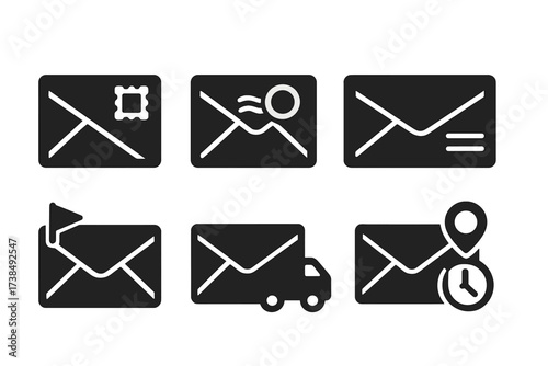 Postal Envelope Icons. Solid, filled icon set of postal envelopes: envelope with stamp, envelope with postmark, envelope with address, envelope with barcode,