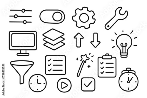 Hand-drawn Control Icons. Hand-drawn doodle illustration control preset sliders, toggle switch, gear, wrench, computer screen, layers panel, light bulb,