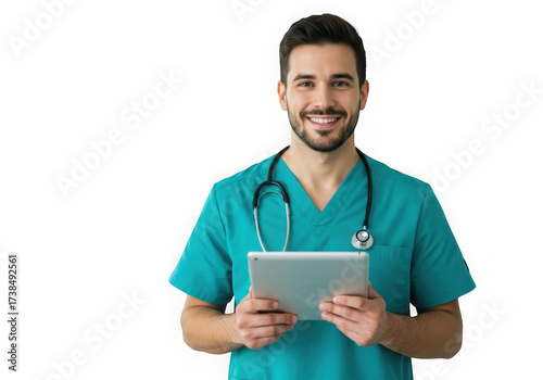 Smiling doctor in scrubs holding a tablet isolated on transparent background