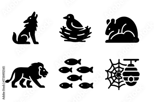 Animal Instinct Icon Set. Solid, filled icon set of animal instincts: wolf howling, bird nesting, bear hibernating, rabbit hiding, lion stalking,