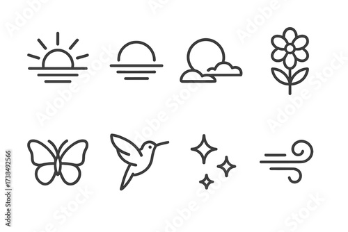 Nature Icon Collection. Outline icon set of desire nature: sunrise, sunset, full moon, blooming flower, butterfly, hummingbird, sparkles, soft breeze. Line
