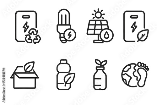 Eco Energy Icons. Outline icon set of power bank environmental aspects: recyclable materials, energy saving, solar charging, low power consumption,