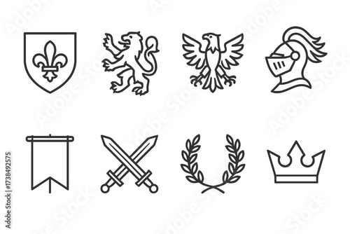 Duchy Heraldry Icons. Outline icon set of duchy heraldry: shield with fleur-de-lis, lion rampant, eagle, knight helmet, banner, crossed swords, laurel wreath,