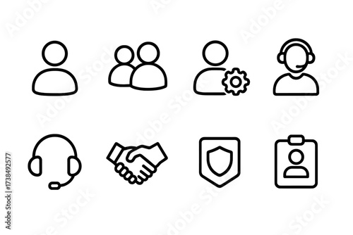 Network User Icons. Outline icon set of network users: person, group, administrator, customer support, headset, handshake, security badge, user profile. Line