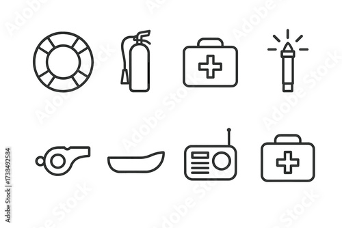 Coastal Safety Icon Set. Outline icon set of coastal defense emergency and safety equipment: life buoy, fire extinguisher, first aid kit, emergency flare,
