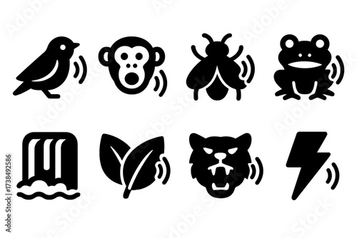 Jungle Sounds Icons. Solid, filled icon set of jungle wildlife sounds: bird call, monkey chatter, insect buzz, frog croak, waterfall, rustling leaves, animal