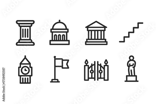 Chamber Icon Set. Outline icon set of chamber architecture: columns, dome, building facade, stairs, clock tower, flagpole, gates, statue. Line icons in only
