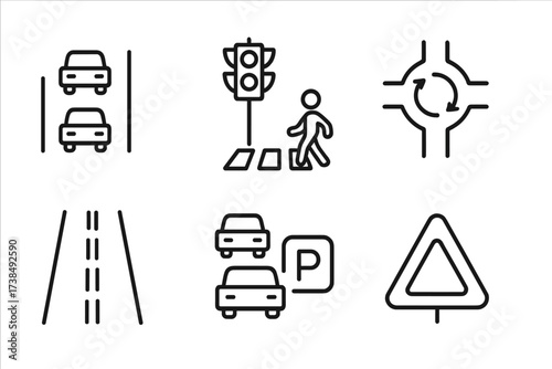 Traffic Flow Icons. Outline icon set of traffic flow: cars on road, traffic lights, pedestrian crossing, roundabout, highway, congestion, parking lot, traffic