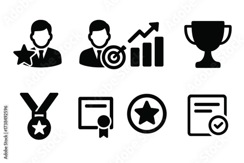 Manager Performance Icons. Solid, filled icon set of manager performance: success, target, growth, trophy, medal, certificate, achievement, review. [Line icons