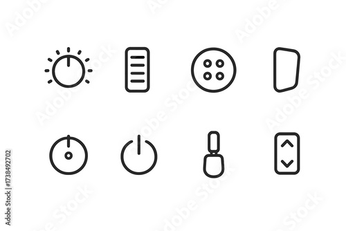 Synthesizer Control Icons. Outline icon set of synthesizer controls: volume knob, modulation wheel, arpeggiator button, pitch bend wheel, preset selector,