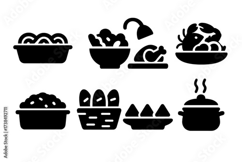 Buffet Icons Grid. Solid, filled icon set of buffet food types: pasta tray, salad bowl, meat carving station, seafood platter, rice container, bread basket,