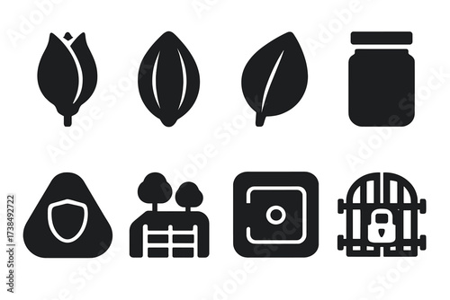 Closed Nature Icons. Solid, filled icon set of closed nature and environment: closed flower bud, closed seed pod, shut leaf, sealed container, protected area,
