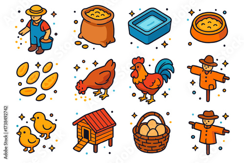 Colorful Chicken Feeding Icons. Feeding chickens. Colorful isometric vector icons set of feeding chickens: farmer with feed bucket, grain sack, water trough,