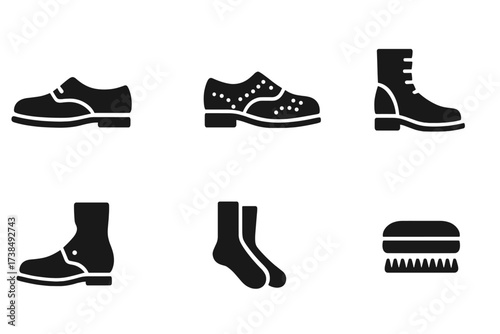 Gentleman Footwear Icons. Solid, filled icon set of gentleman footwear: Oxford shoes, brogues, loafers, boots, spats, dress socks, shoe polish, shoe brush.