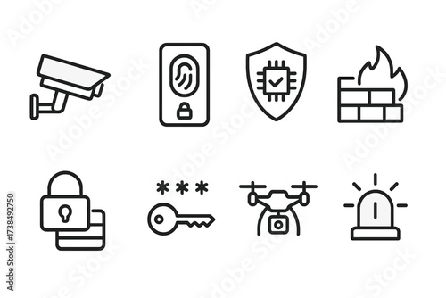 Guardian Technology Icons. Outline icon set of guardian technology: security camera, biometric lock, cyber shield, firewall, data encryption, password key,