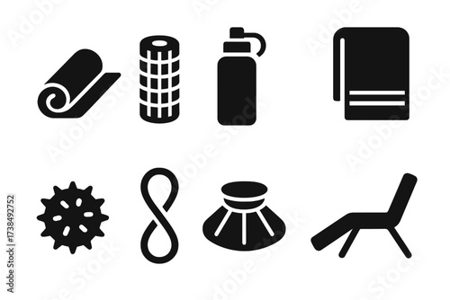 Cool Down Equipment Icons. Solid, filled icon set of cool down equipment: yoga mat, foam roller, water bottle, towel, massage ball, resistance band, ice pack,