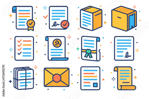 Colorful Court Icons. Court documents. Colorful isometric vector icons set of court documents: legal brief, signed verdict, case file, evidence list, hearing