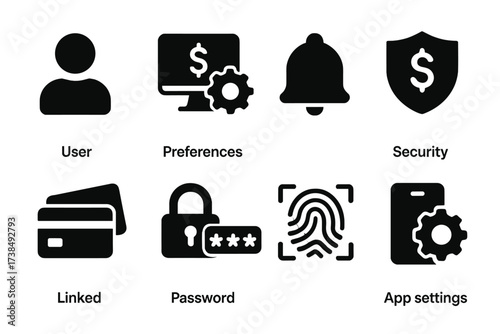 Online Banking Icons. Solid, filled icon set of online banking settings: user profile, preferences, notifications, security settings, linked accounts, password