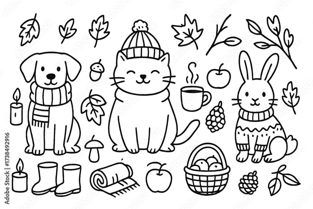 custom made wallpaper toronto digitalCozy Autumn Pets. Hand-drawn doodle illustration Autumn pets with cozy clothes dog with scarf, cat with hat, bunny with sweater, falling leaves, pumpkin,
