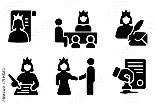 Queen's Royal Duties Icons. Solid, filled icon set of queen?s royal duties: decree, meeting, council, letter writing, signing documents, receiving guests,