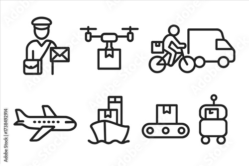 Mail Delivery Icons. Outline icon set of mail delivery methods: postal worker, drone delivery, bicycle courier, truck, airplane, ship, conveyor belt, robot