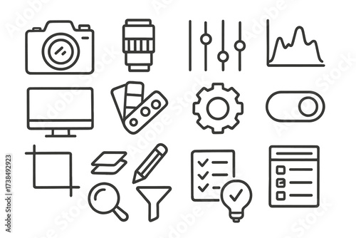 Camera Tools Doodle. Hand-drawn doodle illustration photo preset camera, lens, sliders, histogram, computer screen, color palette, settings gear, toggle