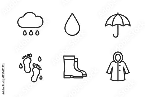 Rainy Weather Icons. Outline icon set of rainy weather: rain cloud, raindrop, wet footprints, umbrella, rain boots, puddle, raincoat, water splash. [Line icons