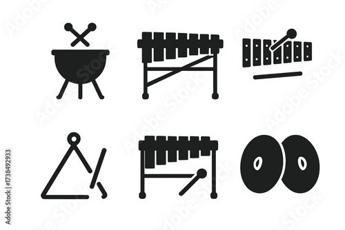 Percussion Ensemble Icons. Solid, filled icon set of percussion ensemble elements: timpani, marimba, xylophone, glockenspiel, vibraphone, triangle, bass drum,