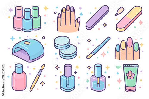 Pastel Manicure Icons. Pastel manicure. Colorful isometric vector icons set of pastel manicure: pastel nail polish bottles, manicured hand, nail file, nail