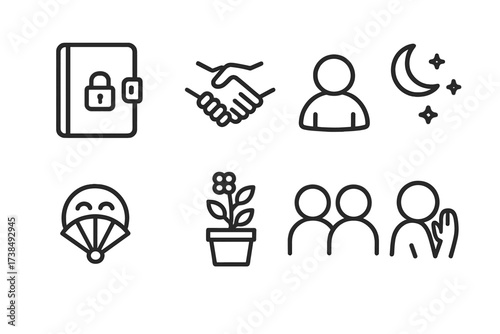 Private Moments Icons. Outline icon set of private moments: diary lock, secret handshake, personal space, night sky, hidden smiles, secret garden, close