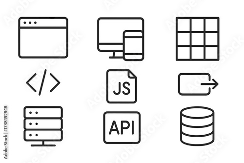Web Development Icons. Outline icon set of web development: browser window, responsive design, CSS grid, HTML tag, JavaScript, API call, server, database. Line