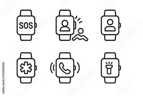 Smartwatch Emergency Icons. Outline icon set of smartwatch emergency: SOS button, fall detection, emergency contact, location sharing, medical ID, loud alarm,