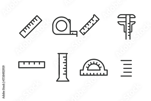 Measurement Scale Icons. Outline icon set of measurement scales: ruler, tape measure, meter stick, caliper scale, scale bar, graduated cylinder, protractor,