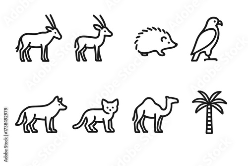Saudi Wildlife Icons. Outline icon set of Saudi wildlife: Arabian oryx, Sand gazelle, Desert hedgehog, Falcon, Arabian wolf, Sand cat, Camel, Date palm tree.