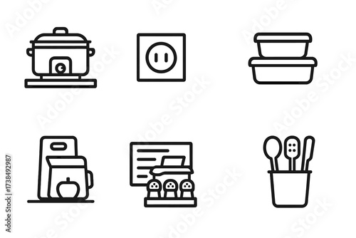 Slow Cooker Icons. Outline icon set of slow cooker kitchen setup: countertop, power outlet, kitchen timer, storage containers, recipe card, cutting board,
