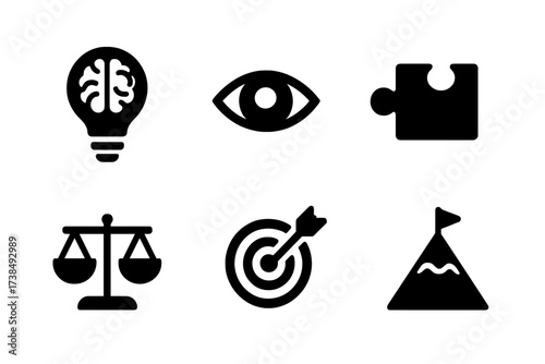 Mental Strength Icons. Solid, filled icon set of mental strength: brain lightbulb, focused eye, puzzle piece, calm wave, balancing scales, open book, target