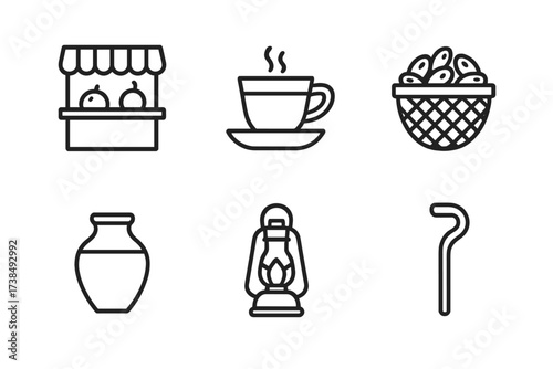Iraqi Life Icons. Outline icon set of Iraqi daily life: market stall, tea cup, carpet loom, date basket, clay pot, lantern, water jug, shepherd staff. Line