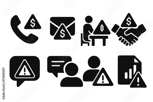 Financial Trouble Icons. Solid, filled icon set of financial trouble communication: phone call, email, meeting, negotiation, alert, message, consultation,