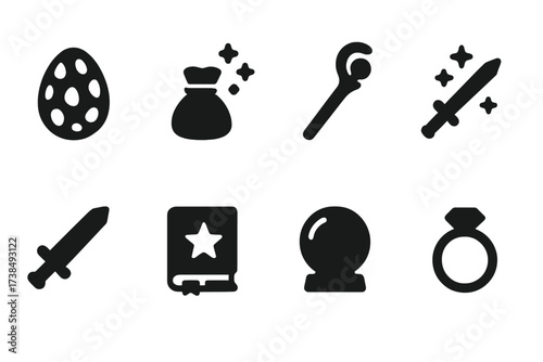 Magical Icons Collection. Solid, filled icon set of magical creatures? items: dragon egg, fairy dust pouch, wizard staff, magic wand, enchanted sword, spell