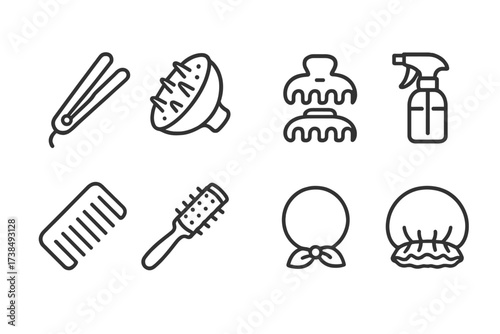 Silky Hair Tools Icons. Outline icon set of silky hair tools: straightener, diffuser, hair clips, spray bottle, wide-tooth comb, round brush, hair tie, bonnet.